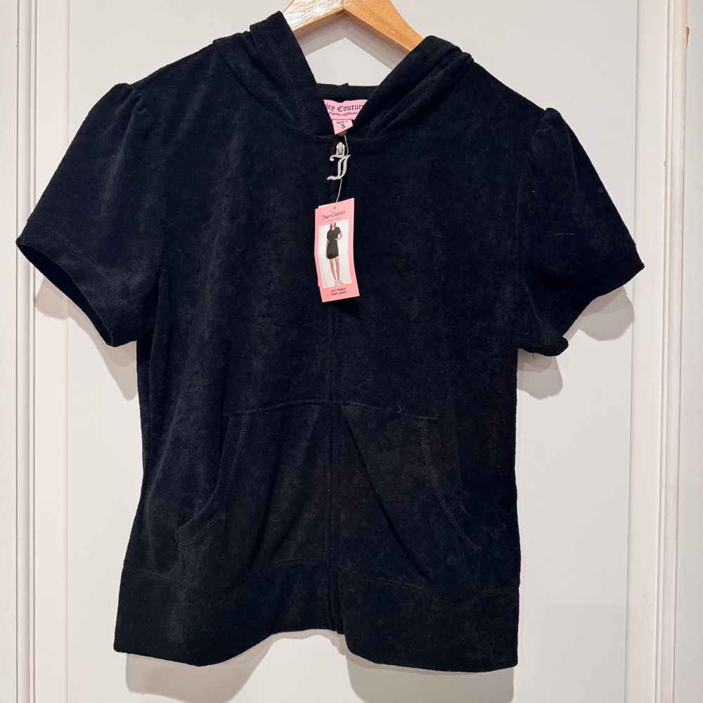 NEW Juicy Couture French Terry Short Sleeve Zip Front Hoodie Rhinestones Black - Picture 2 of 7